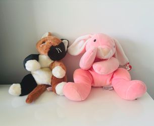 Ty Stuffed Pink Bunny With Pink Ribbon & Brown & Black Stuffed Cat