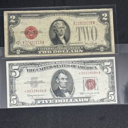 $5 Red Star Note And $2 Red Note