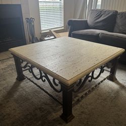 Koralith Collection Square Travertine-Style Coffee Table with Iron Base – Very Heavy