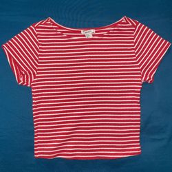 Forever 21 Red  & White Striped Cropped Ribbed Tee Shirt Small