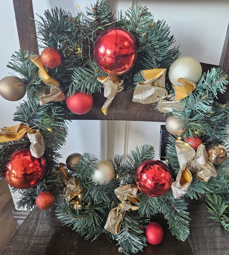 Holiday 15" Light-up Wreath with Red, Cream & Gold Balls with Gold Accent Bows