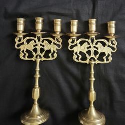 2 Vtg Brass Lion of Judah Candelabra 3 Arm Candle Holders 11.75"x6.75"(each)