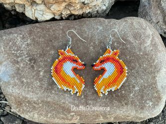 Red Fox Beaded Earrings, New, Handmade By Me