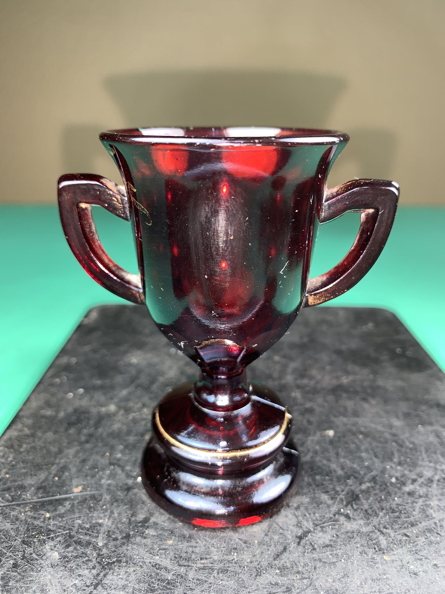 Antique Toothpick Holder Match Safe Ruby Red Stain Glass Toy Loving Cup Handles