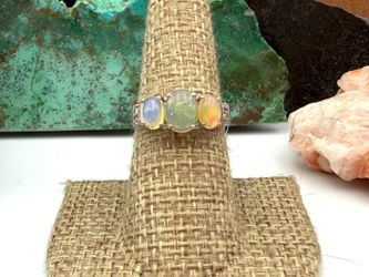 Three Stone Oval Cabochon Opals Stamped 925 Sterling Silver Ring