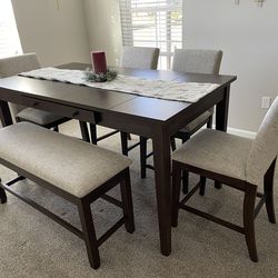 Homeworks 6 Piece Dark Brown & Gray Upholstered Counter Height Dining Set with Storage Bench
