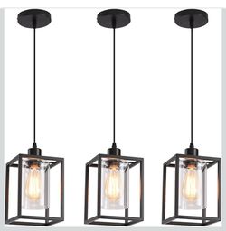 3 Pack Black Pendant Lights for Kitchen Island Industrial Lantern with Clear Glass Shade