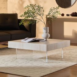 35" Square Faux Travertine Floating Coffee Table w/ Clear Acrylic Legs [NEW] **Retails for $385 