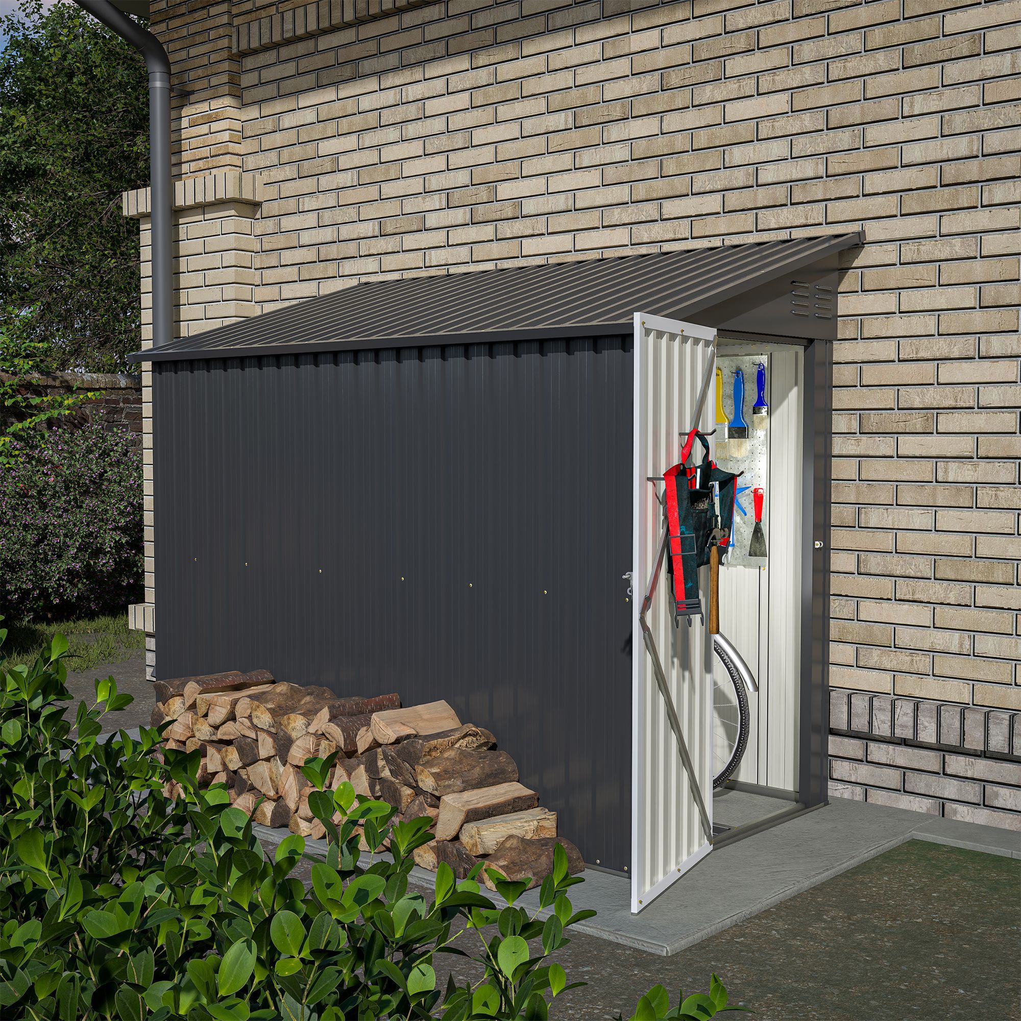 4' x 8' Metal Outdoor Storage Shed, Lean to Storage Shed, Garden Tool Storage House with Lockable Door and 2 Air Vents for Backyard, Patio, Lawn,Black