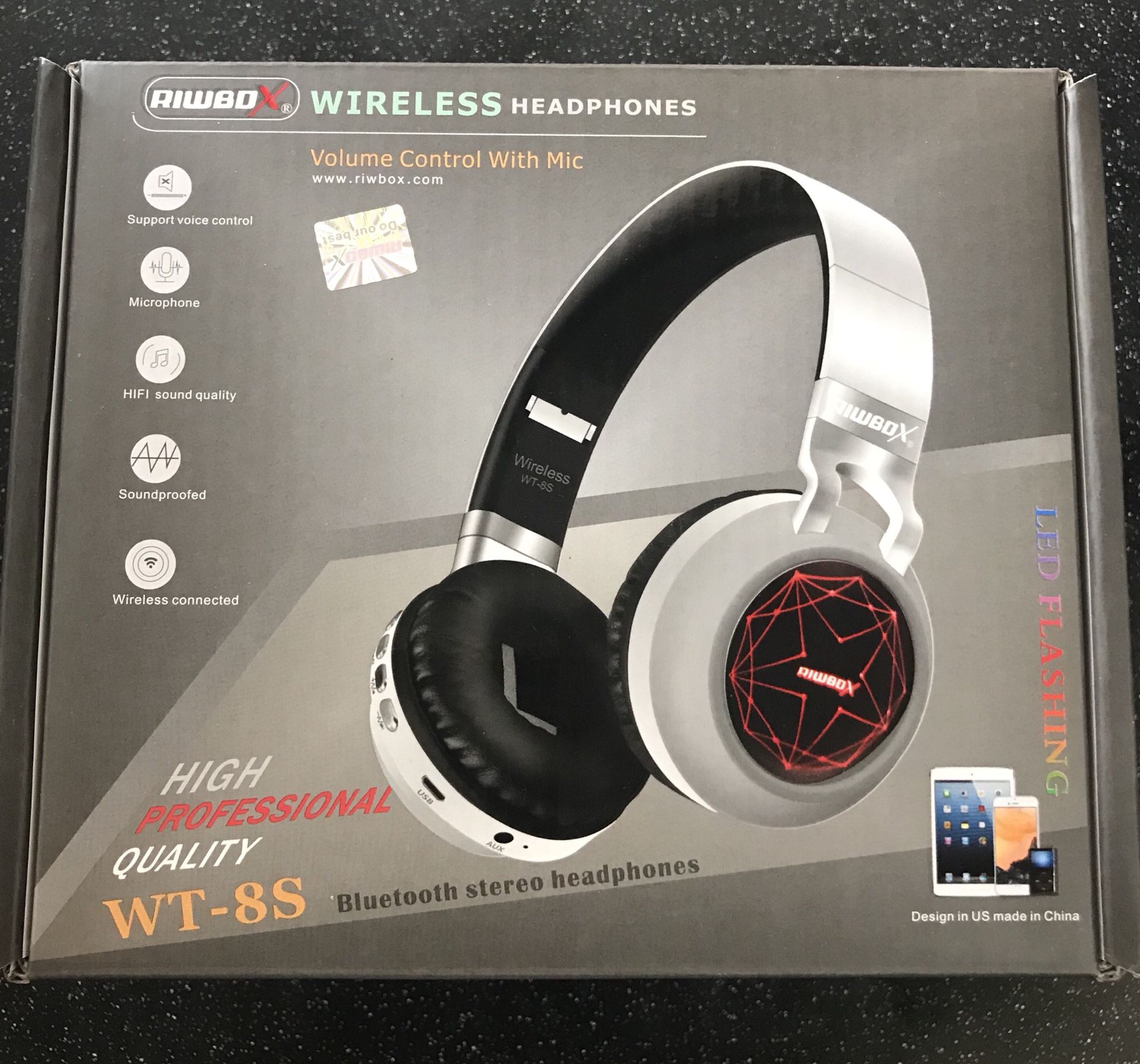 WT-8S Bluetooth Headphones, LED Light Up Wireless Headphones Over Ear Hi-Fi Stereo Foldable Wireless/Wired Headsets with Mic and TF-Card Compatible f
