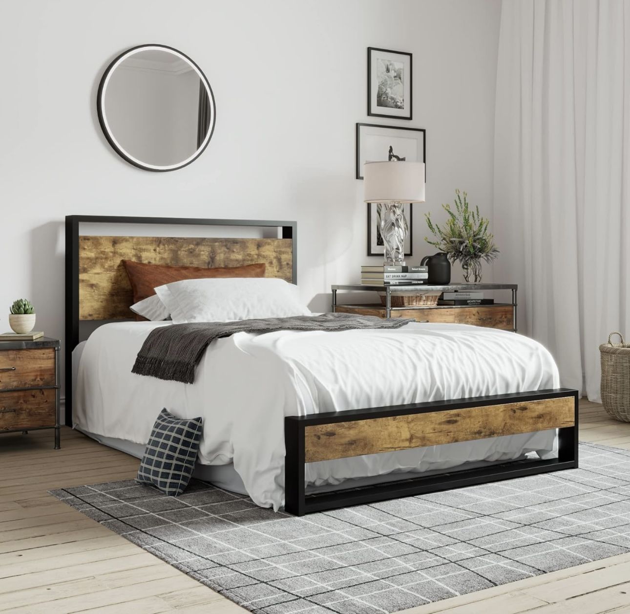 Twin Size Bed Frame with Wooden Headboard, Heavy Duty Metal Slats Support Platform, No Box Spring Needed, Rustic Brown