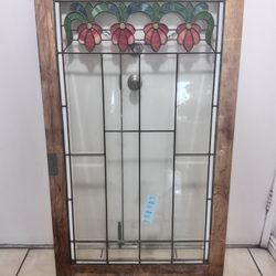 Large Vintage Antique Stained Glass Wood Framed 