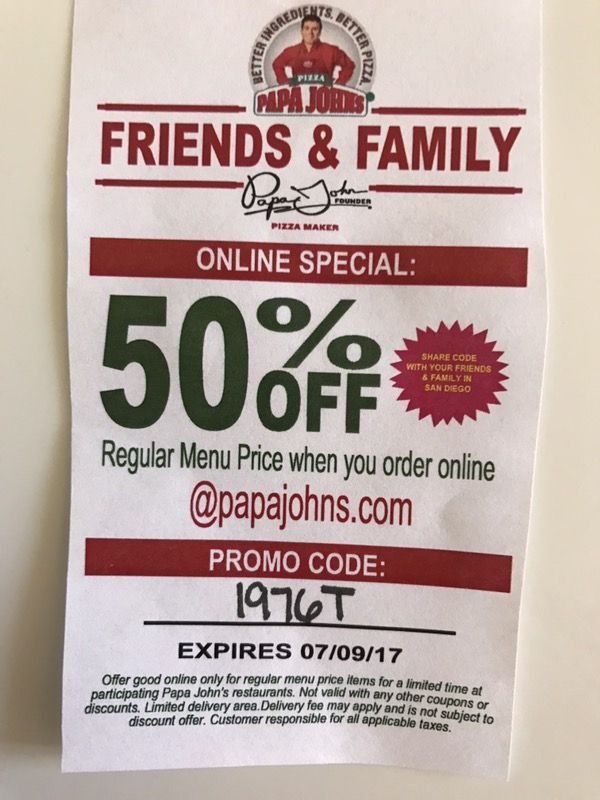 Free papa johns discount code 50% off. Promo code: 1976T