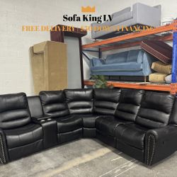Free Delivery* Like New Black Faux Leather Sectional with Recliners! 