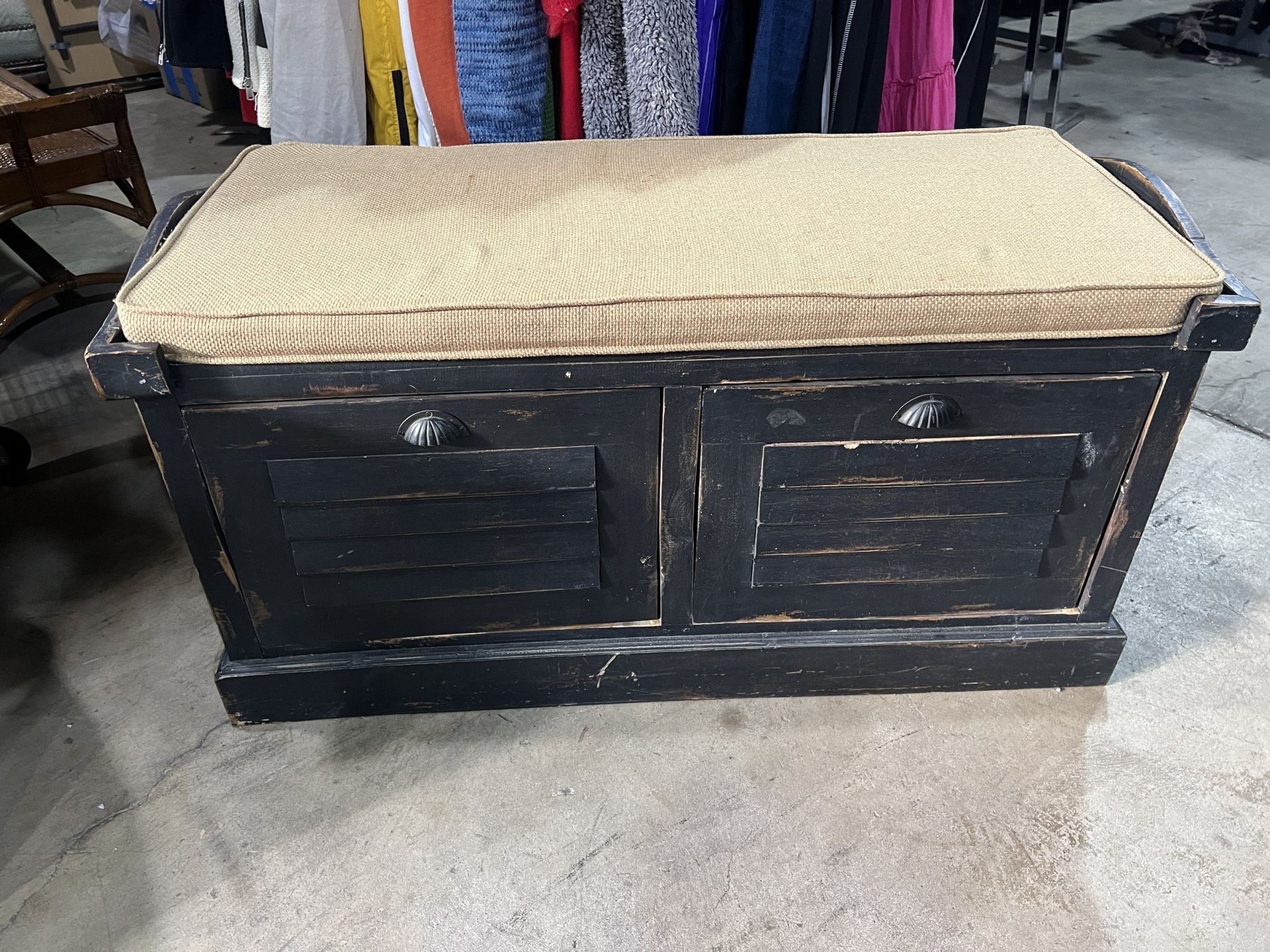 44”x19”x23” black wood bench with w/ 2 drawers & a tan cushion for seating p/u Willow Grove PA