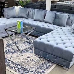 Jordan Gray Velvet Sectional With Double Chaise. Brand New.