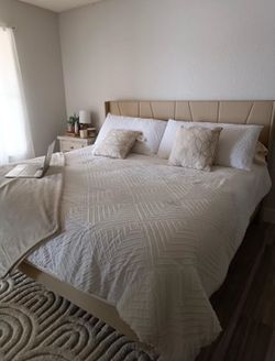 Modern Geometric Wingback Queen Bed Frame - Beige