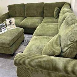 New Corduroy Sectional.  Green, Beige, Grey.  99” X 99”.  Free Delivery!