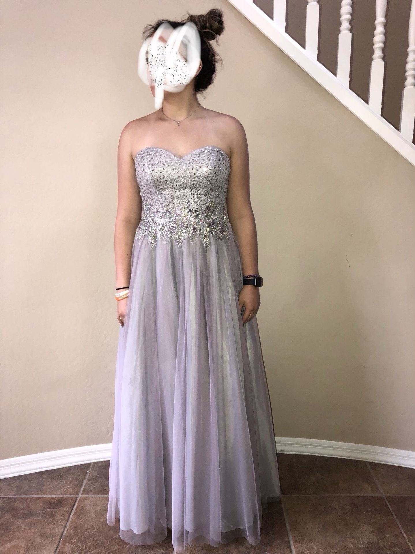 Prom dress grey lilac sheer overlay size medium 7 long bling rhinestones