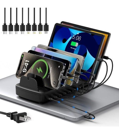 260W Charging Station for Multiple Devices, 10 Port Fast Charger Station with Flame-Retardant Material & 8 Cables for iPad, MacBook, iPhone, Kindle, H