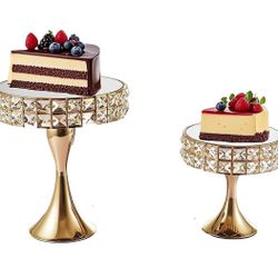 Vidisan 2 Pcs Gold 8/10 Inch Crystal Cake Stand Set Round Cake Stand with Crystal Bling Pendants Dessert Table Display Set for Wedding Event Birthday 