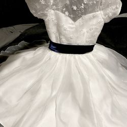 Beautiful White And Navy Blue Bow Dress, 