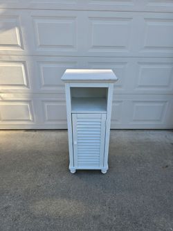 White Slim Bathroom Floor Storage Cabinet - Louvered Door & Open Shelf