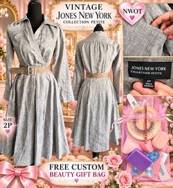 NWOT Vintage 2P Jones New York P Gray Belted Shirt Dress & free beauty gift bag