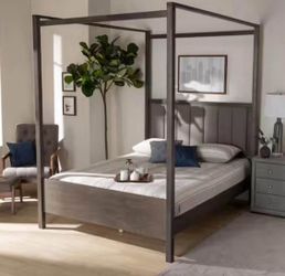 New Queen Size Grey Fabric Upholstered and Dark Grey Oak Finished Wood Platform Canopy Bed 