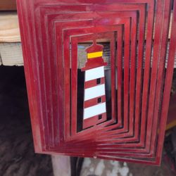 Large Red 3d Metal Lighthouse Wind Spinner 