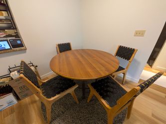 60" Round Dining Table+ 4  Woven Leather Chairs