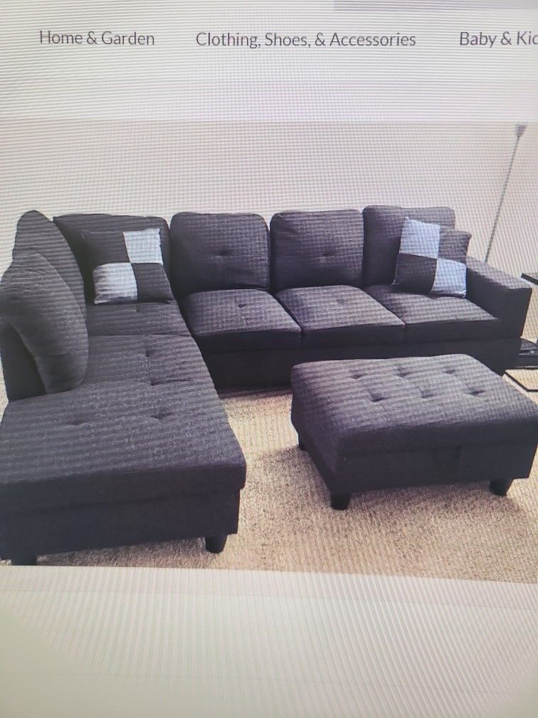 Brand New In box Black Gray Linen Sectional With Pillows And Storage Ottoman