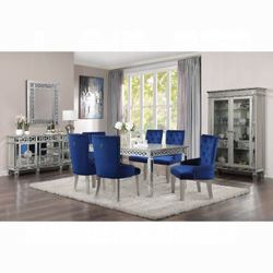 Dining set 7 pc Antique Platinum finish, Blue Velvet fabric, New Especial price