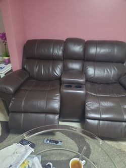 Brown leather  sofa  set with automatic recliners