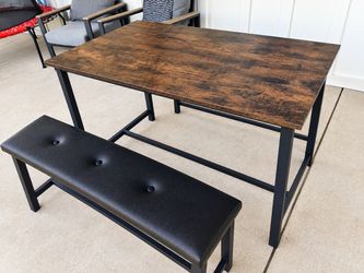 Small Dining Table with Bench - Rustic Wood Top & Black Metal Frame