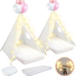 2 Pack Kids Teepee Tent with Mattress Fitted Sheet Light String Birthday Party Summer Sleepover
