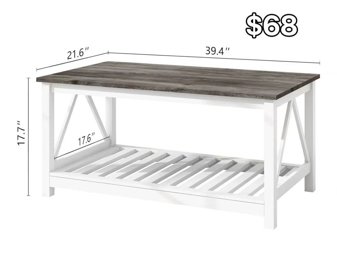 😀 Farmhouse Coffee Table for Living Room, 2-Tier Rectangular Wooden Centre Cocktail Table with Slats Shelf Storage and V-Shaped Frame, Oak Grey