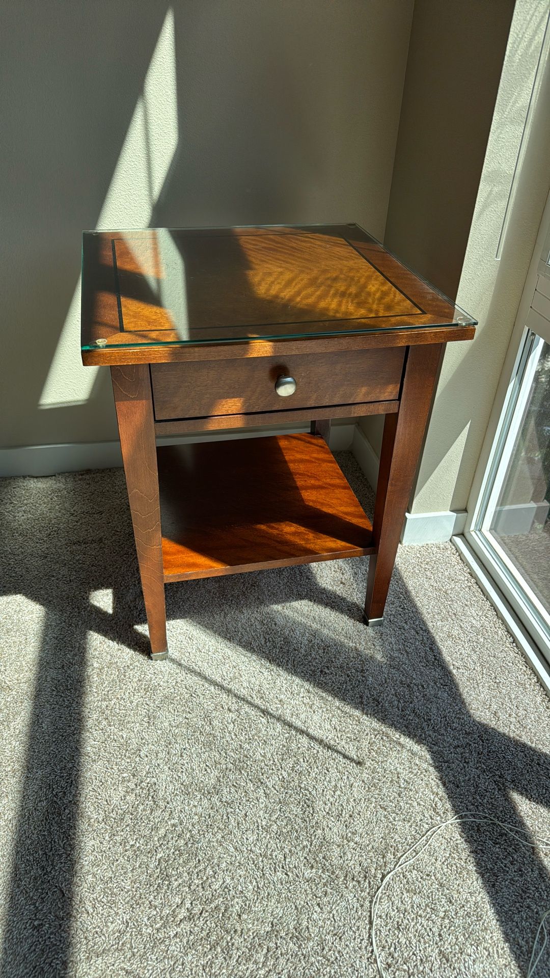 Wooden Nightstand With Glass Top And Drawer (x2)