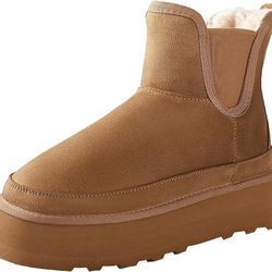 Ankis Platform Mini Boots Women, Classic Ultra Mini Ankle Chelsea Boots for Women Winter Warm Thick Fur Fuzzy Boots Lined Anti-Slip Lined Slip on Snow