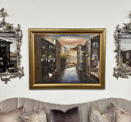 Large impressionist oil painting of a Venetian canal scene signed by artist Tammy