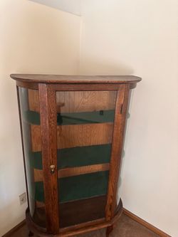 Antique Oak Bow Front Curio Display Cabinet