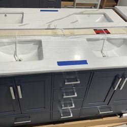 60” Bathroom Vanity in  blue , double sink soft close solid wood with vanity top in white $949  Luke’s liquidations warehouse Address:  2434 N Forsyth