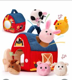 Hahaland Baby Toys 6-12 Months - Surprise Barn Stuffed Farm Animals, Rattle, Crinkle, Mirror, Montessori Toys For 6 Month Old Sensory Balls 1-3, Baby 