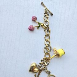 Juicy Couture Charm Bracelet Gold Tone Heart Cherry Bucket Toggle Vintage