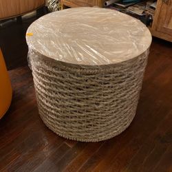 Boho Modern Round Accent Table – Wood & Wicker