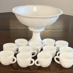 RARE Vintage McKee “The Concord” Milk Glass Punch Bowl Set with 12 Cups