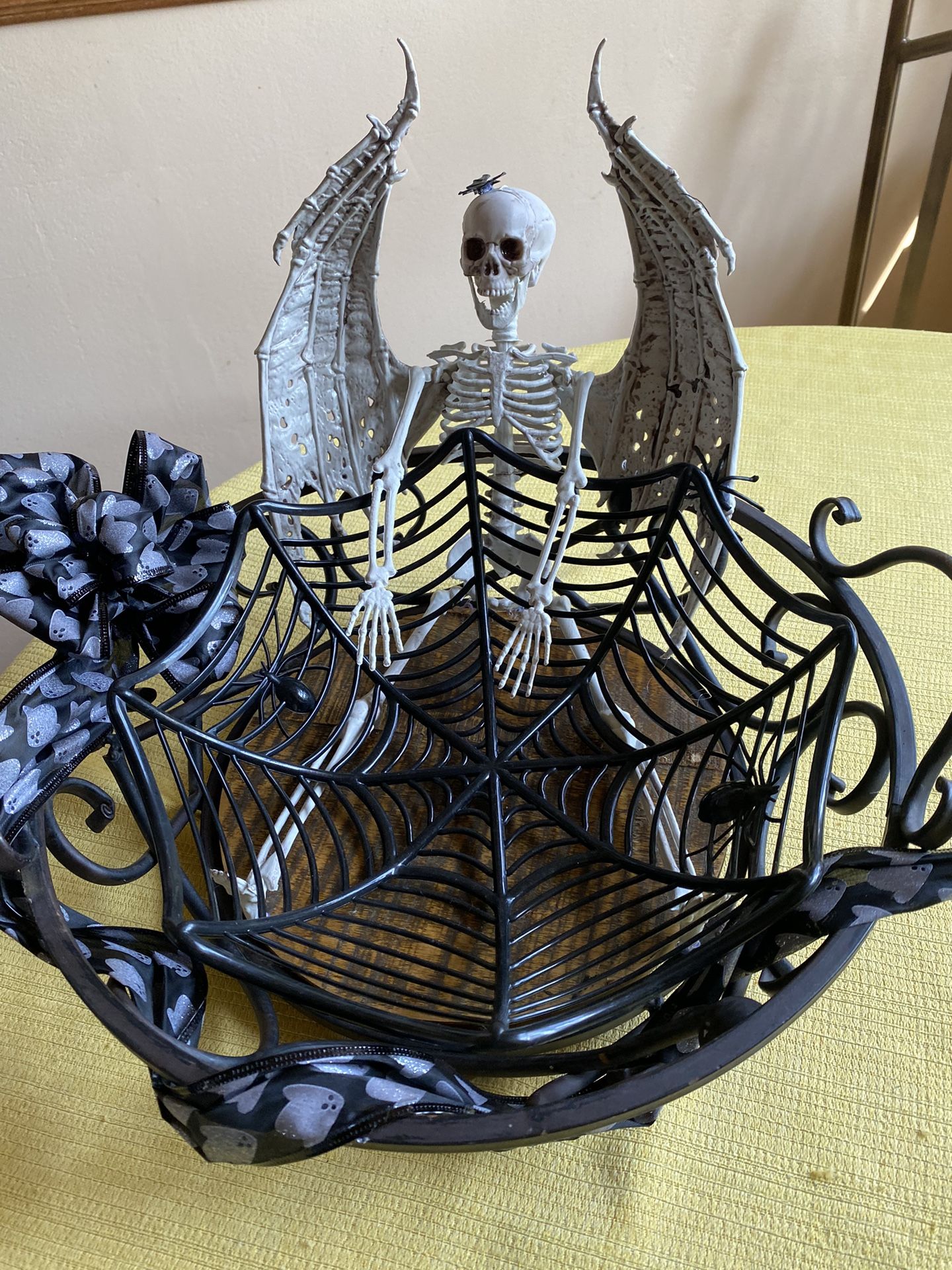 Halloween Skeleton In Rod Iron And Wood Bowl