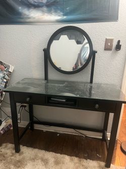 Black Vanity Desk with Round Mirror
