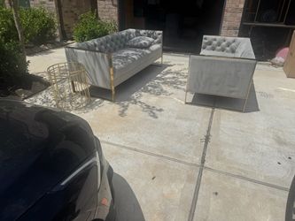 Gray Tufted Velvet Sofa Set with Gold Frame used