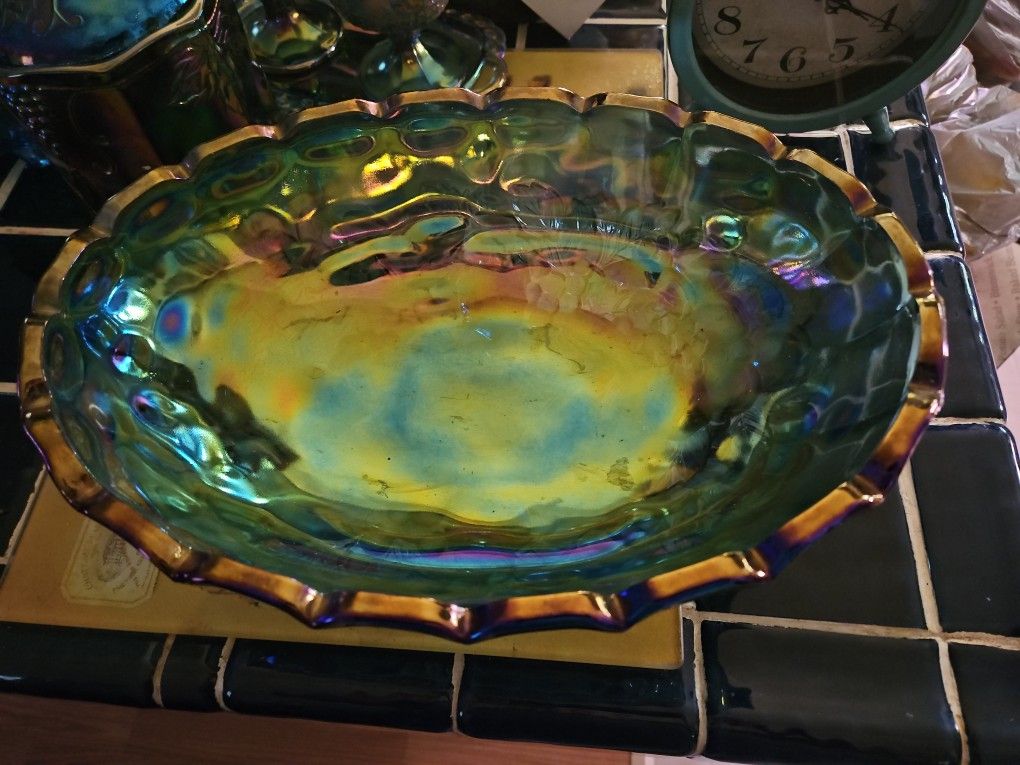 Indiana Blue Carnival  Glass Oval Center Bowl
